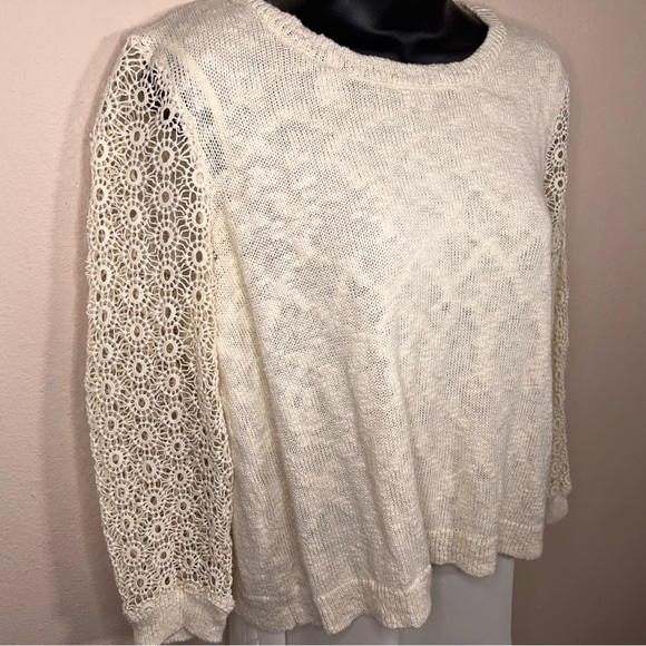 Medium Lucky Brand Ivory Cream Knit Chiffon Top Embroidered Lace  Pullover - Picture 8 of 13